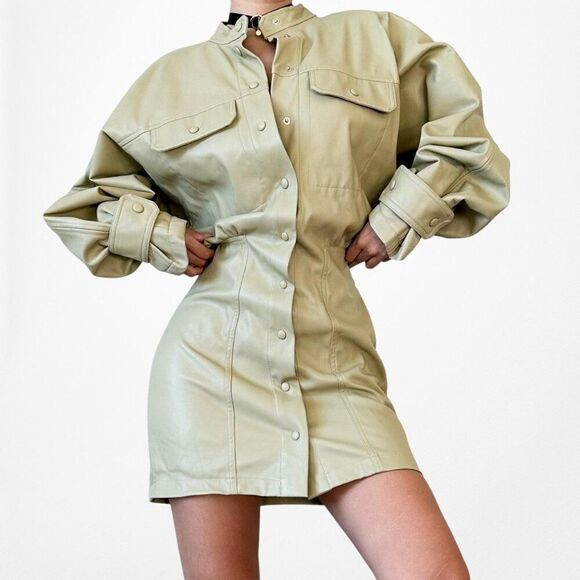 Zara Green Long Sleeve Faux Leather Utility Cargo Style Mini Dress Size S - Picture 3 of 8